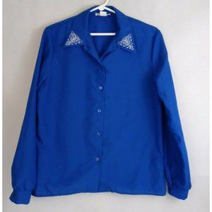 Stacy Michaels Blue Long Sleeve Blouse With Silver Embroidery On Collar Medium